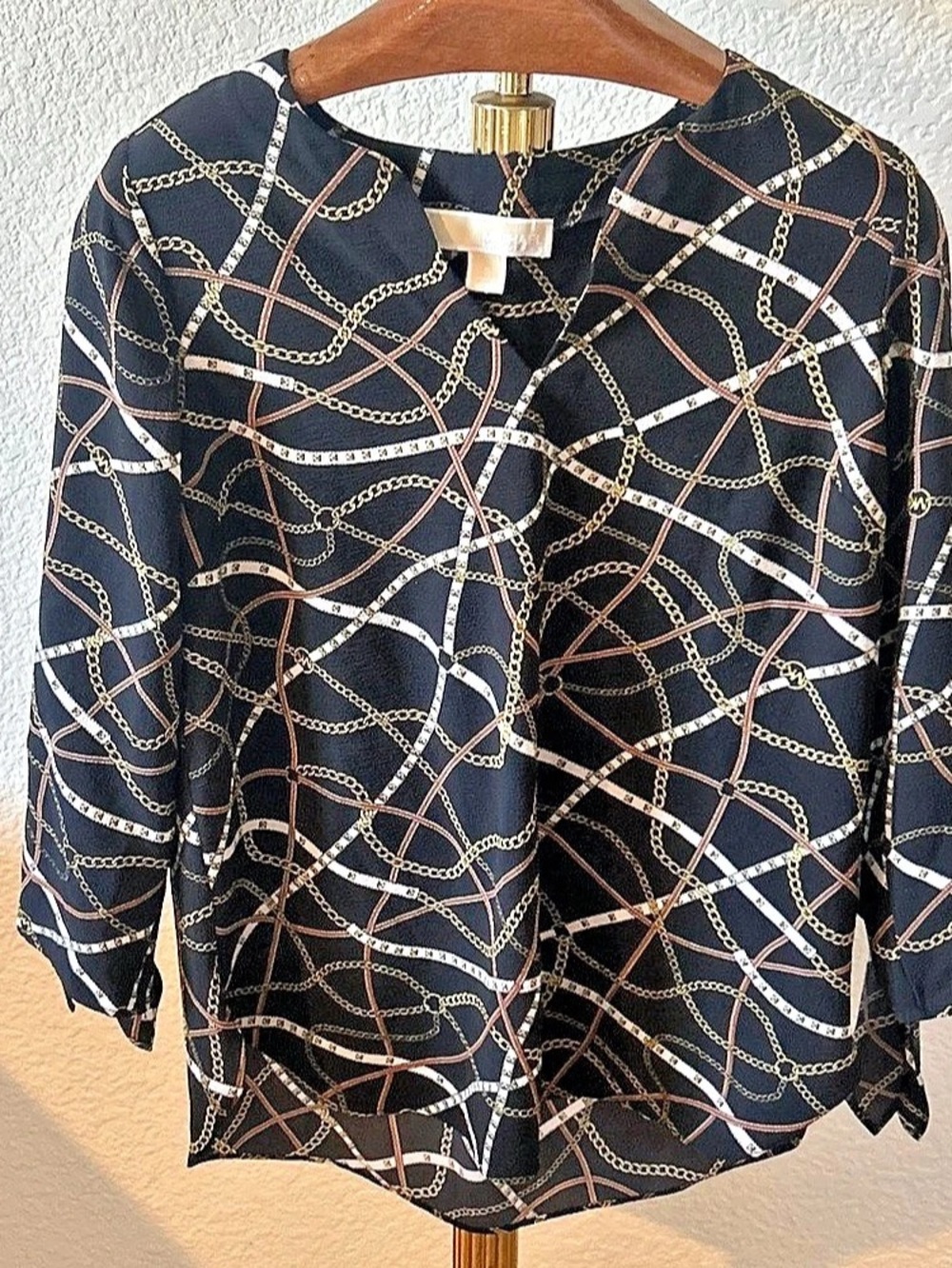 Michael Kors Chain Print Long Sleeve Blouse in Black & White